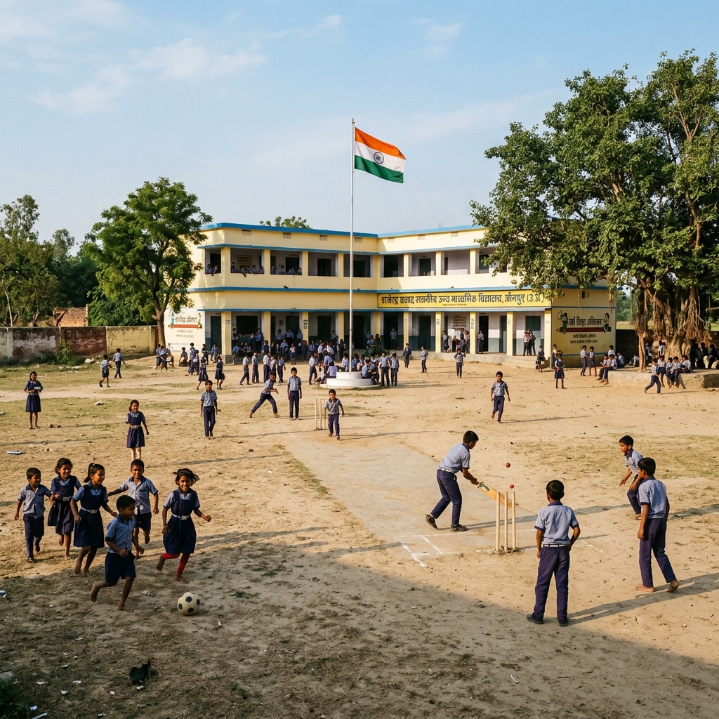 JPN Sarvodaya Vidyalaya campus and playground with students